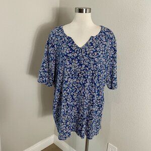 Croft & Barrow Womens Plus 2X Blue Floral V Neck Cotton Tunic Top V Neck Shirt